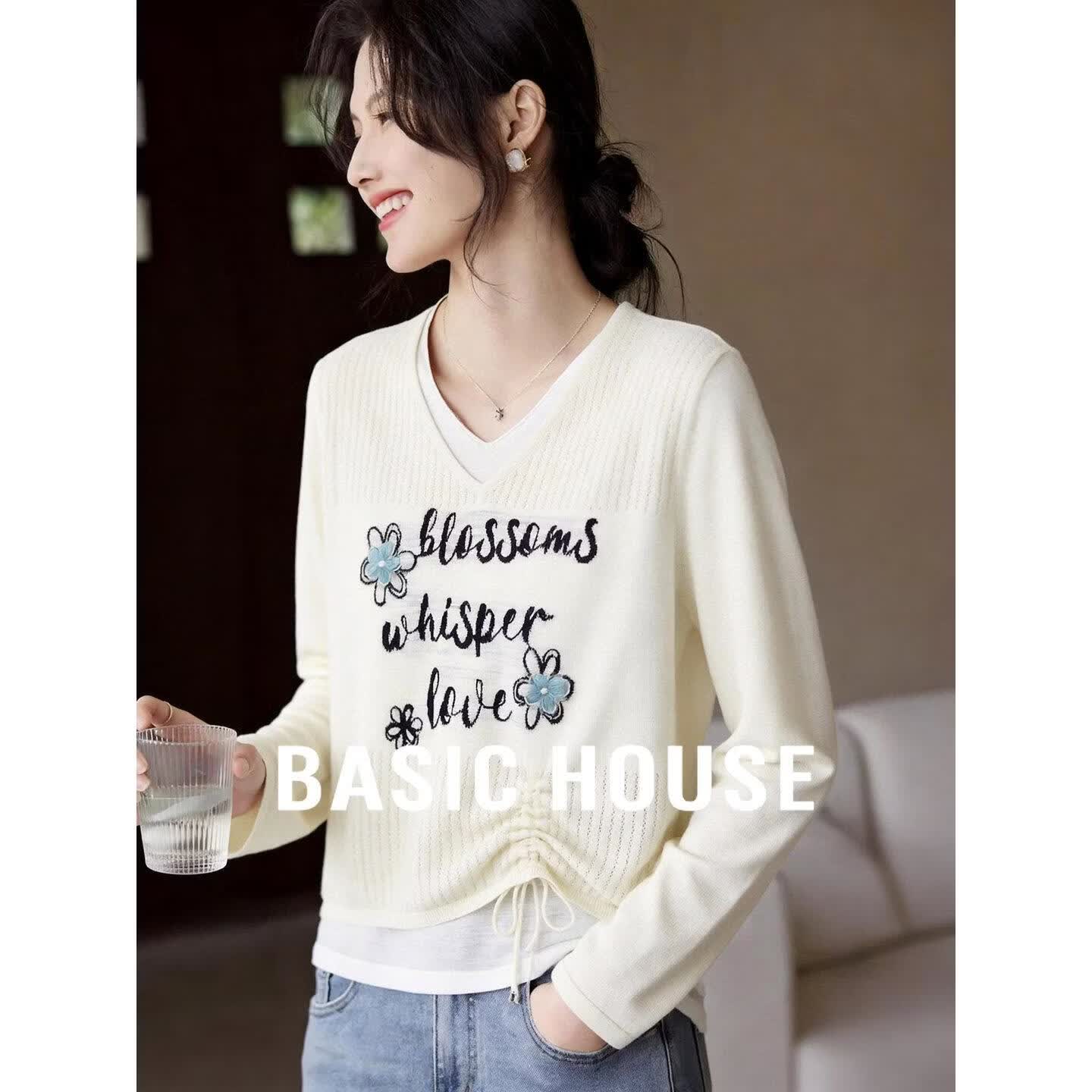 Basic House/百家好假两件抽绳收腰针织衫女夏季新款刺绣V领上衣 浅杏 均码 S(85-110斤)