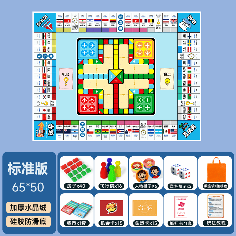 柒阅芒富豪大号富翁桌面游戏世界之旅豪华版桌游���童成人飞行棋地毯 新世界65cm【基础版】(40房)