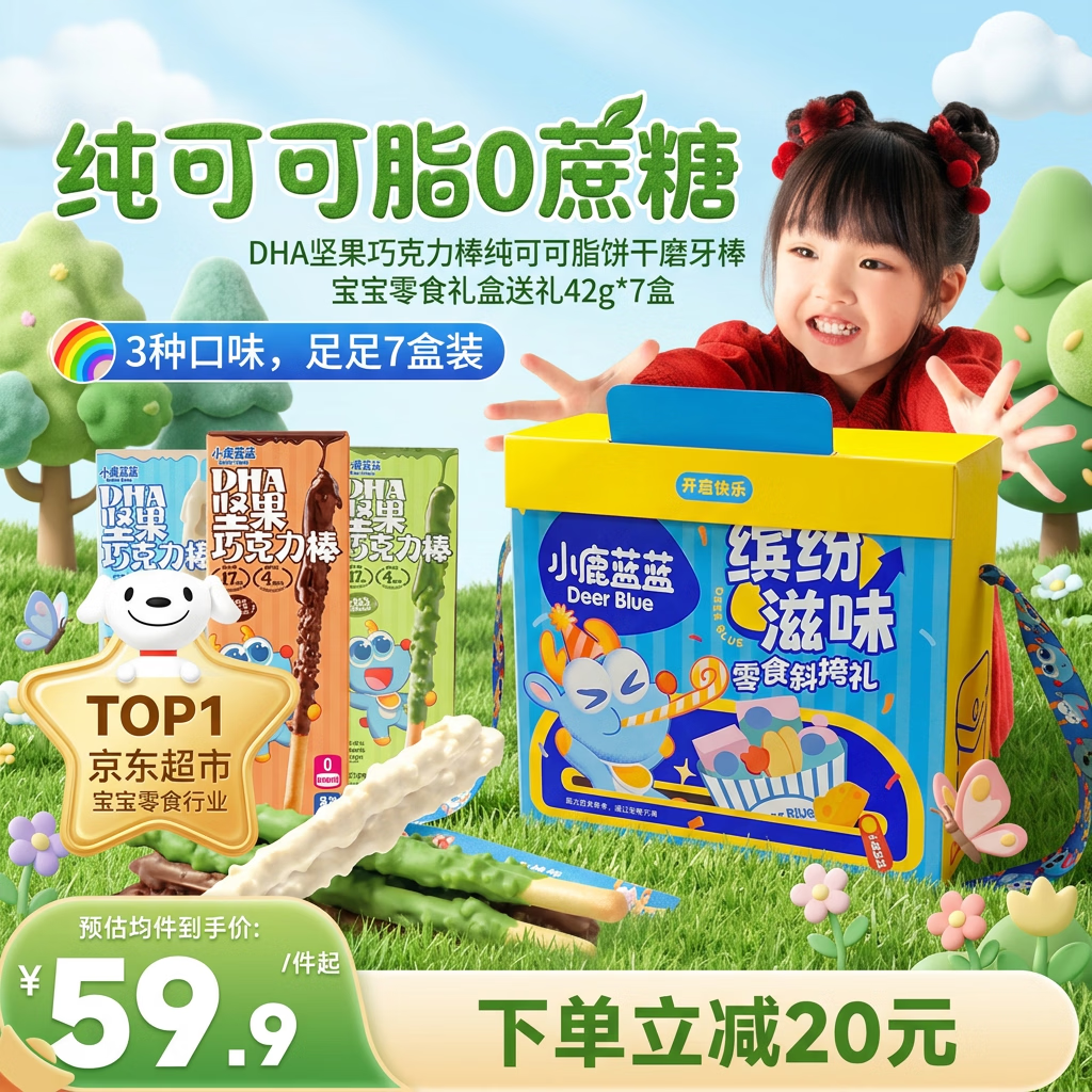 小鹿蓝蓝DHA坚果巧克力棒纯可可脂饼干磨牙棒宝宝零食礼盒送礼42g*7盒