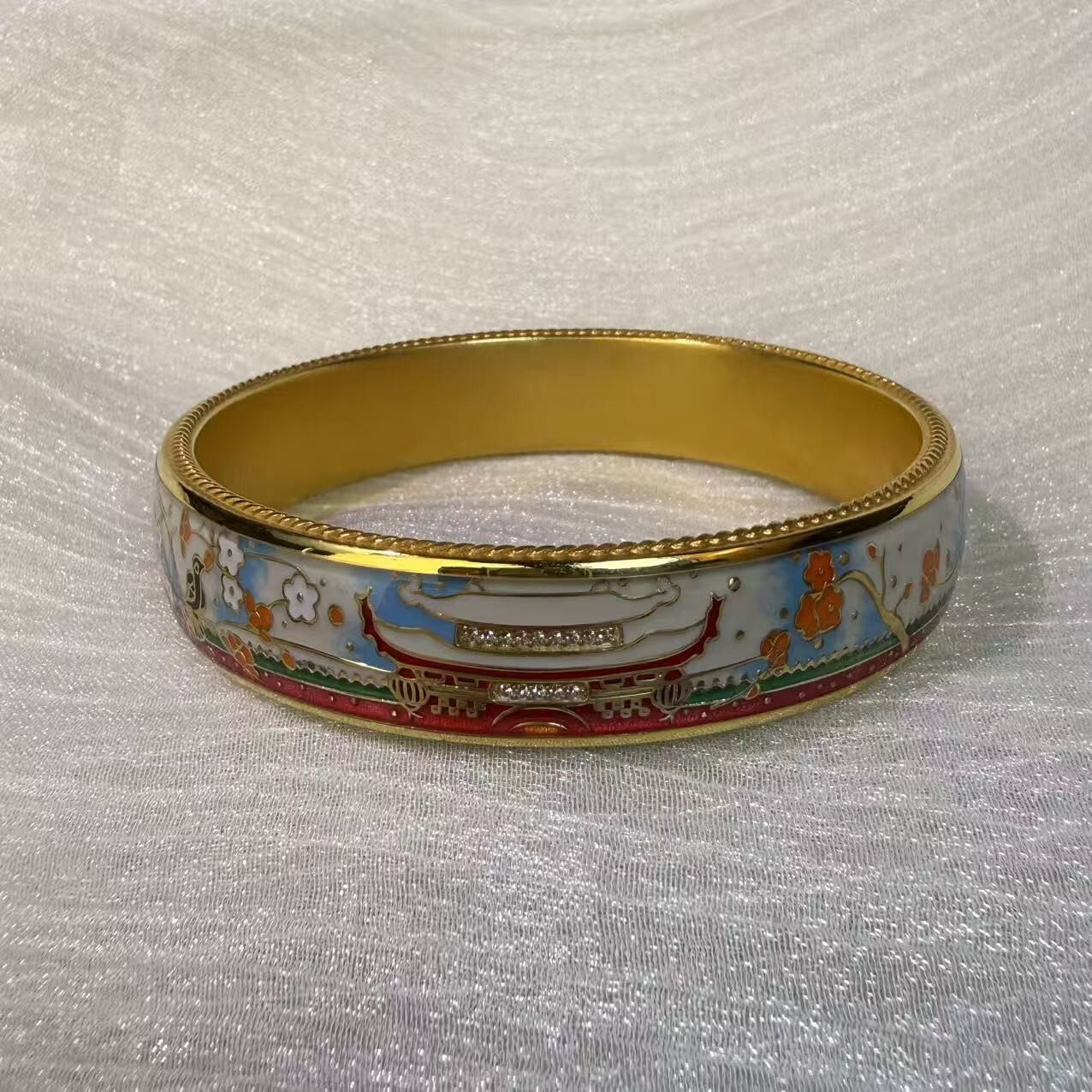 钻之银民族风珐琅彩手镯足银999鎏金拍平工艺 黄色 60圈口约60克