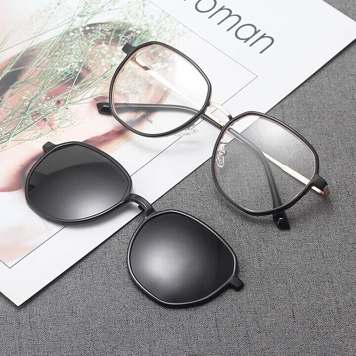 胖东来同款太阳镜偏光镜夹片多边形框女磁吸式偏光防风防晒彩膜 套镜+配1.74镜片(备注度数和颜色