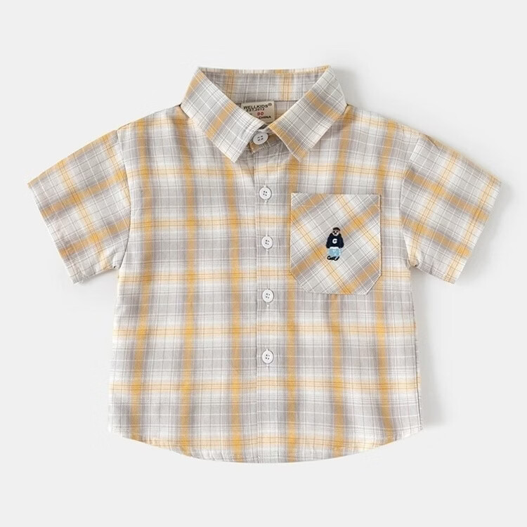 男童短袖衬衫2026夏装儿童半袖衬衣宝宝格子卡通刺绣上 黄格 90 cm
