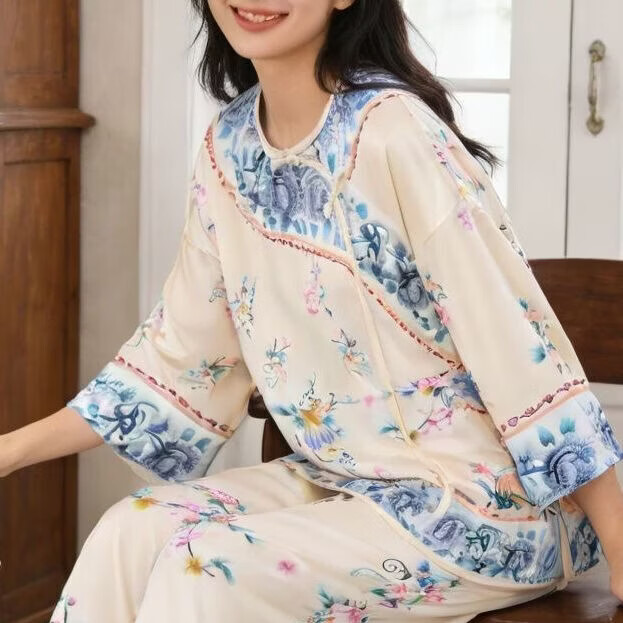 新中式国风睡衣套装2026年新款冰丝宫廷风轻奢女士春夏家居服套装 313黄 3XL （建议160-180斤）