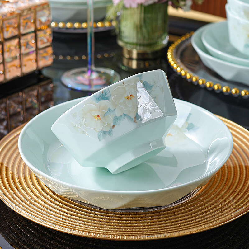 句途影青语茉花开碗家用陶瓷米饭碗菜盘子加厚防烫国潮风餐具 影青语茉花开 2个8英寸大汤碗