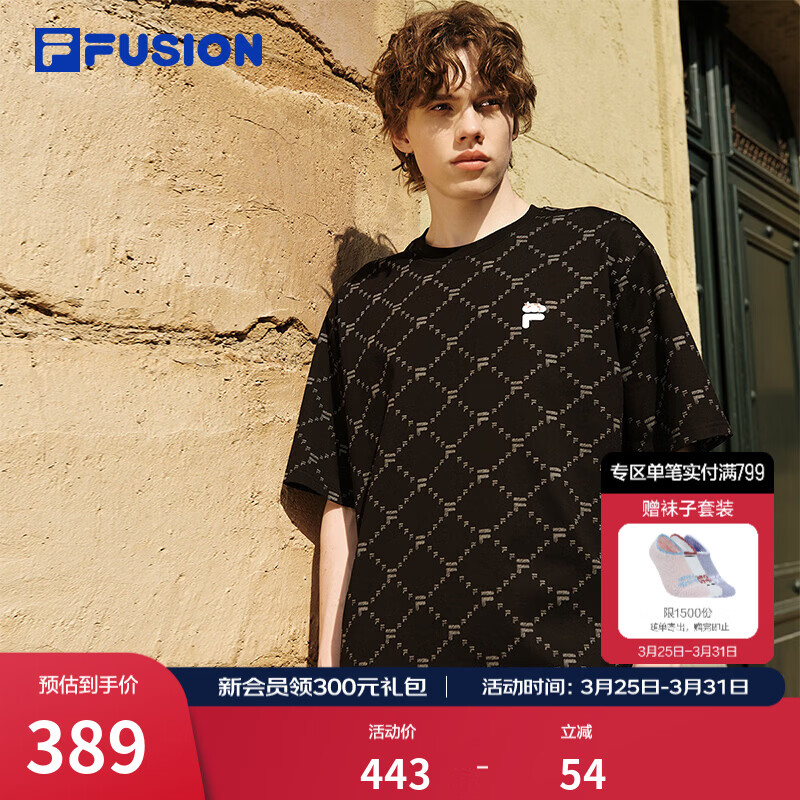 FILA FUSION斐乐潮牌情侣款针织短袖衫2026夏新款纯棉凉感宽松T恤 正黑色-BK M 170/92A/M