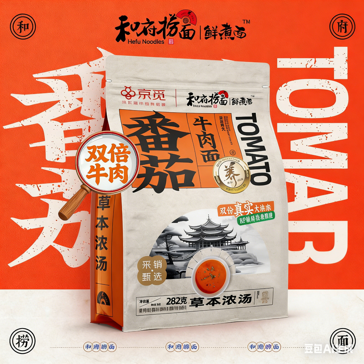 和府捞面牛肉拉面方便面有料待煮面早餐面番茄/草本/酸辣 京觅番茄牛肉面（双倍牛肉）