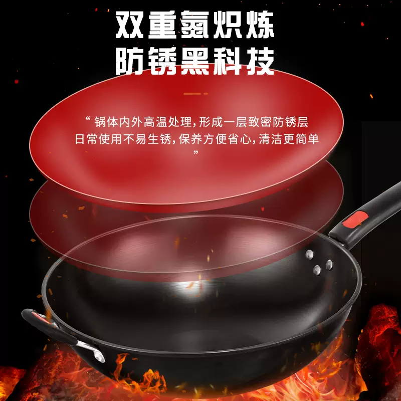 3500W凹形电磁炉专用炒锅凹槽圆底不生锈无涂层物理不易粘锅铁锅 木柄36CM圆底锅带盖 36寸