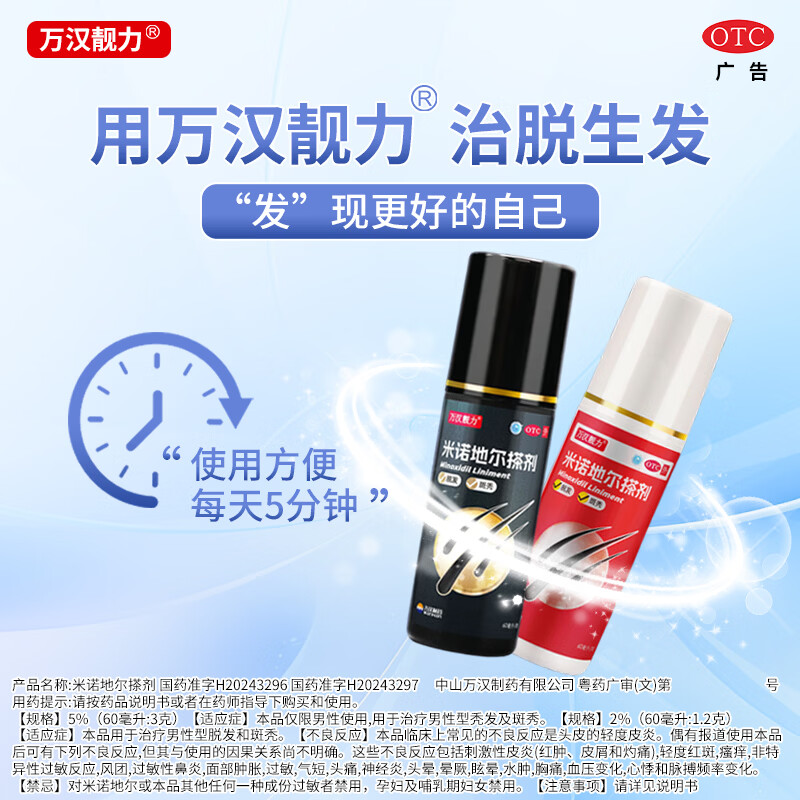 [万汉靓力]米诺地尔搽剂 5%*60ml 1盒装 5%60ml*1瓶用于治疗脱发严重男专用防脱生发育发际线增液洗发水脱发白 重度脱发体验款