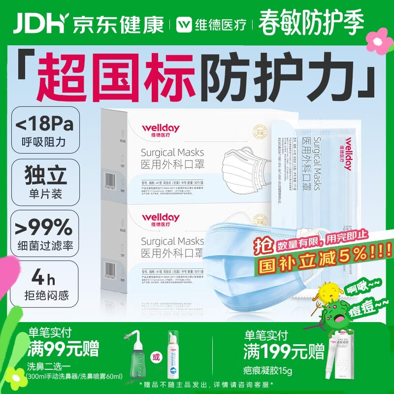 维德（WELLDAY）一次性成人医用外科口罩三层防护防过敏透气灭菌级独立包装100只