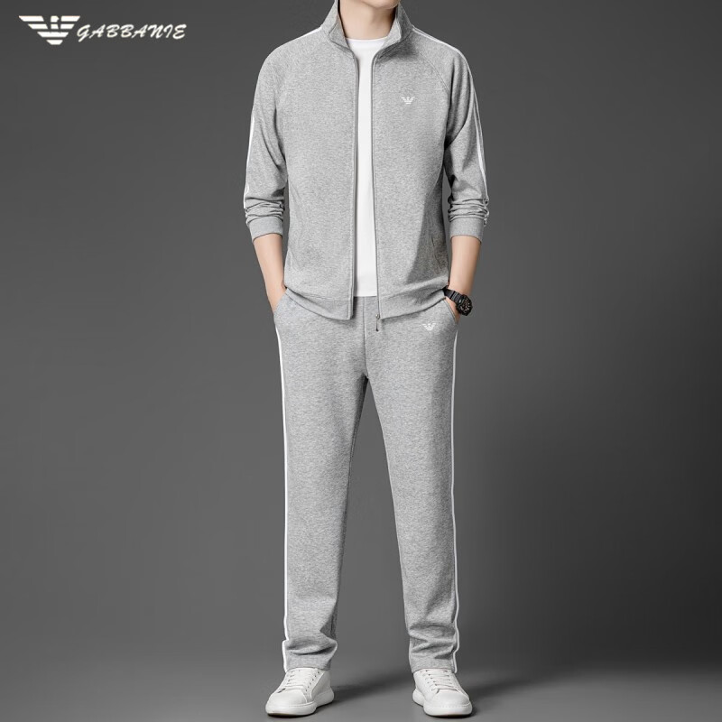 GABBANIE正品男士休闲运动服套装秋冬季纯棉保暖加绒跑步夹克外套长 奢饰品国际一线品牌灰色8869(加绒) 加厚 XL 175_(适合体重130-150斤)