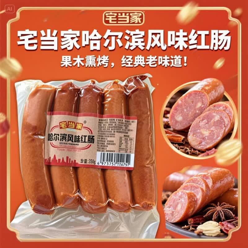宅当家老式传统哈尔滨风味红肠即食香肠火腿肠炭烤烤肠熟食零食开袋即食 哈尔滨红肠350克*5袋