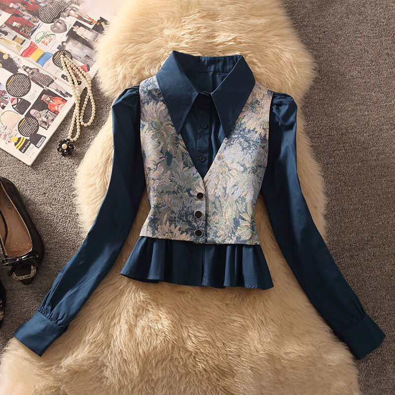 MODX复古扎染小个子泡泡袖衬衫套装女2026年春秋季新款法式上衣两件套 藏青马甲+藏青衬衫 两件套 S 【建议80-95斤内】