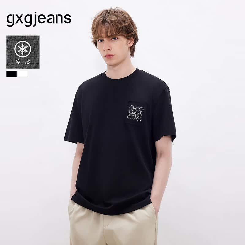 gxgjeans男装 凉感多色立体绣花通勤简约圆领短袖T恤 26夏新品 黑色 S (165) 京东折扣/优惠券