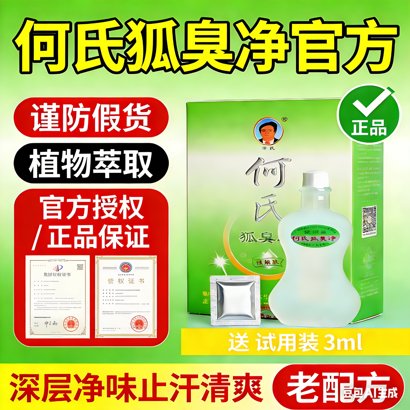 何氏老配方何氏狐臭净狐净除臭腋臭净味水浓缩液无色无味 白色 浓缩型