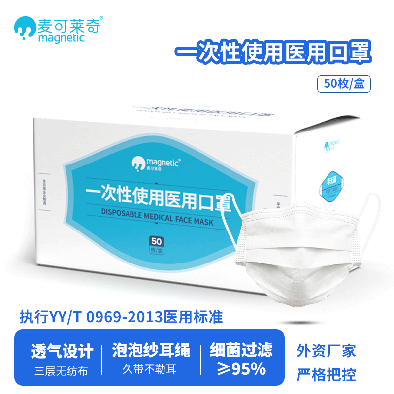麦可莱奇一次性使用医用口罩三层过滤符合标准舒适亲肤泡泡纱耳绳符合国标 白色 50枚