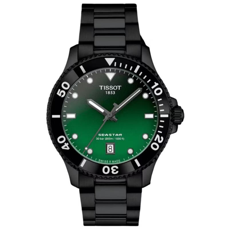 天梭（TISSOT）男士腕表夜光日期计时金属防水钢带黑面运动潜水手表 8024154931260