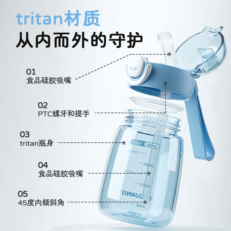 富光塑料杯Tritan材质便携吸管水杯 耐高温防漏刻度儿童上学水杯专用 【Tritan材质】儿童便携380ML-粉色