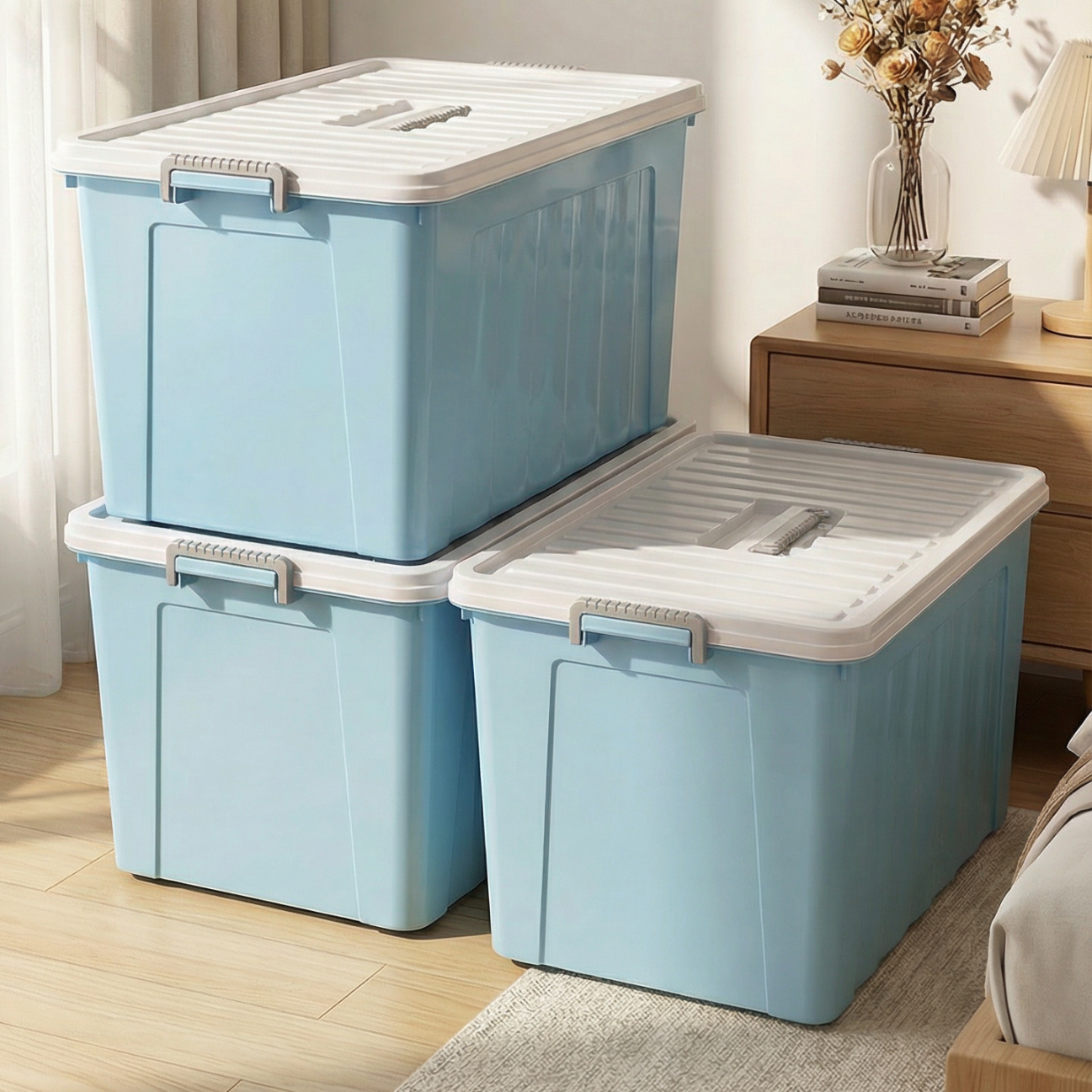 大容量收纳箱收纳家用加厚塑料储物整理箱衣物特大号 浅蓝色大号 45*31.5*24.5cm