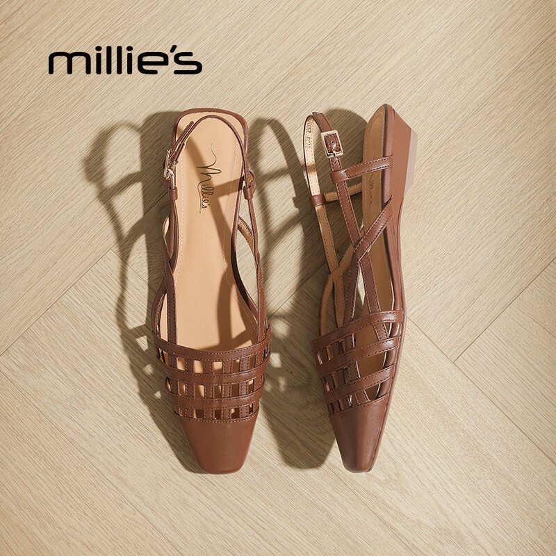 妙丽（Millies）凉鞋女低跟编织真皮时尚浅口搭扣2026春季新款百搭气质一字带凉鞋 棕色 35 (225mm) 标准码