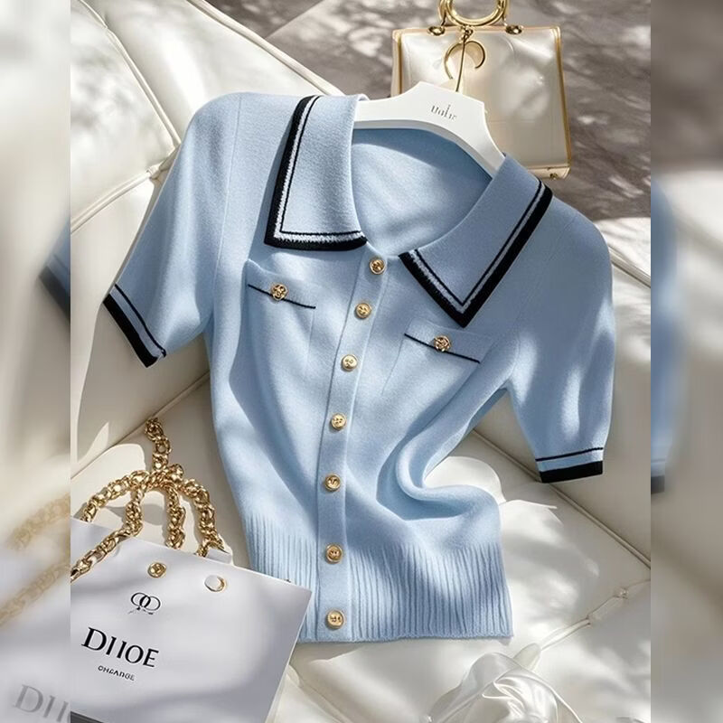 【甄选品质】小香风蓝色POLO领短袖T恤女夏季减龄撞色针织上衣 蓝色 2XL 建议【130-140斤】