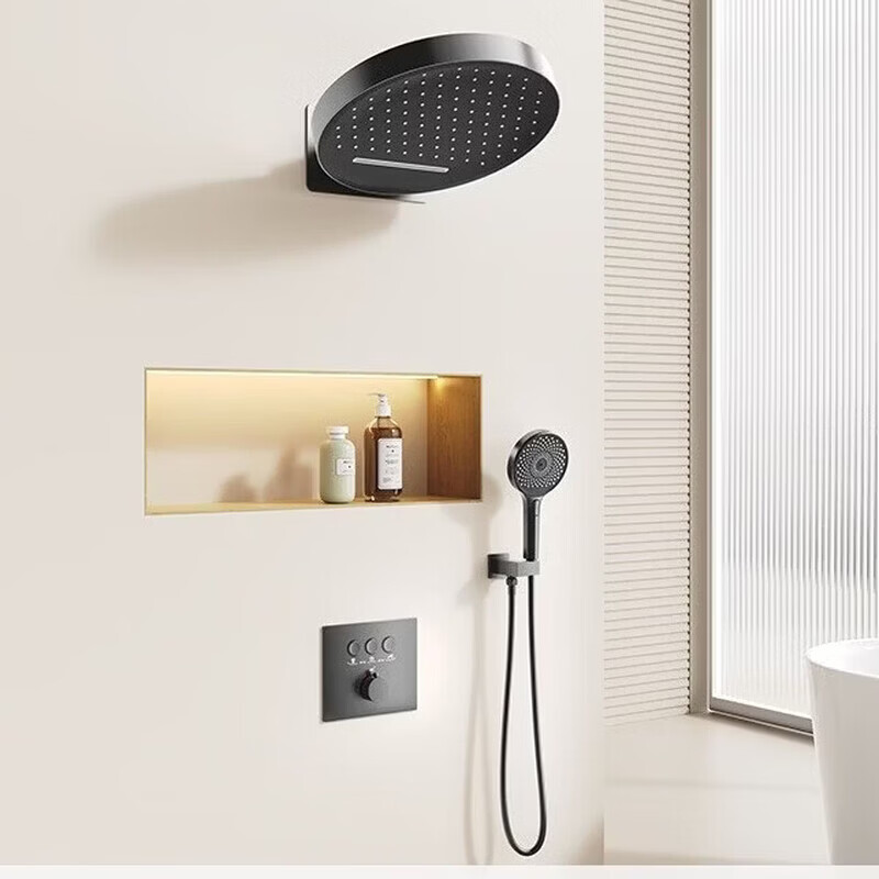 汉斯格雅（Hansgrohe）全铜镜雨360嵌入墙暗装隐藏恒温增压浴室淋浴瀑布冷热花洒套装 枪灰色三功能