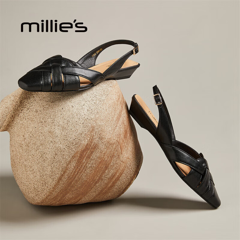 妙丽（Millies）凉鞋女包头低跟编织复古后绑带休闲百搭2025夏季新款 黑色 38 (240mm) 标准码