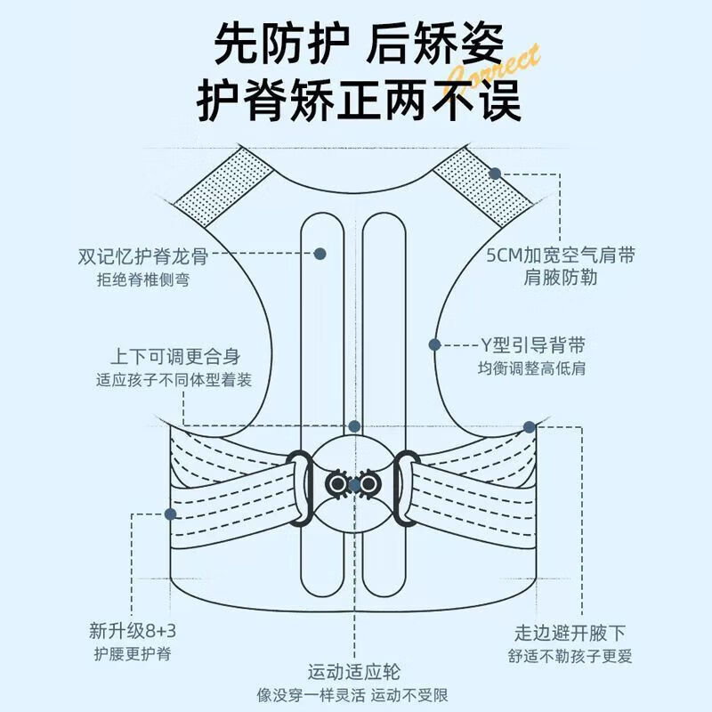 背背佳儿童驼背矫正器6到12岁-16岁矫正驼背神器青少年学生医用开肩带 【齿轮款双龙骨支撑】 L码【75-95斤】
