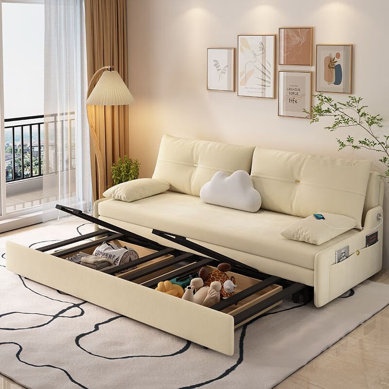 金木槿沙发奶油风沙发床两用一体抽拉式简易折叠床小户型可以多功能沙发 0618-02 奶黄色 外径1.66米海绵款【带储物】