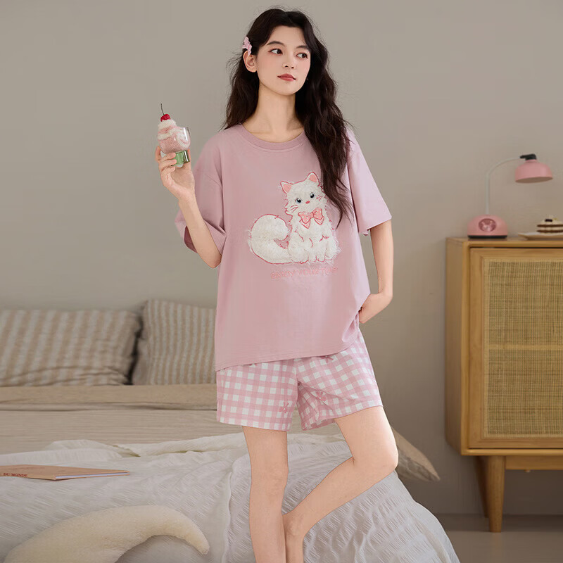 纯棉睡衣女款夏季2026新款短袖圆领可爱卡通腊肠狗家居服套装 Z44040 3XL