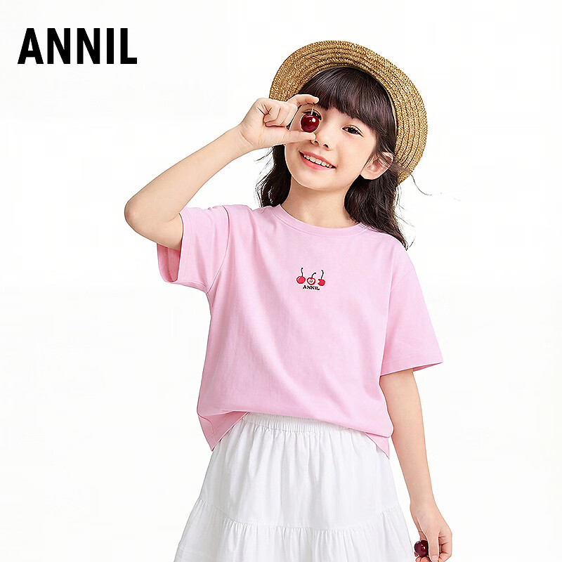 安奈儿（Annil）【多巴胺亲子T恤】男童装女童夏新款机械恐龙花卉微宽松廓形短袖 元气粉 150