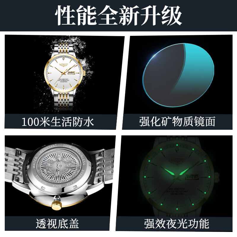LANDQINDY【LANDQINDY】2026新款全自动手表高端奢华腕表夜光防水男士手表 间金白面【赠原装皮表带+终生质保+精美礼盒】