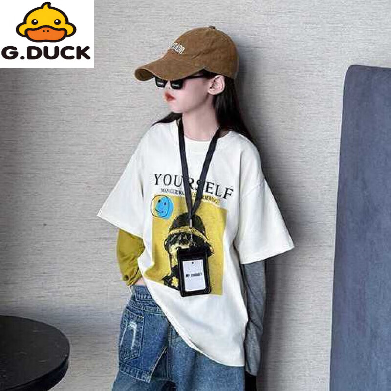 G.duck女童棉长袖假两件t恤套装26新款中大童洋气时髦牛仔阔腿裤两件套 浅杏色棉假两件T恤+蓝色破洞牛仔裤【套装】 120