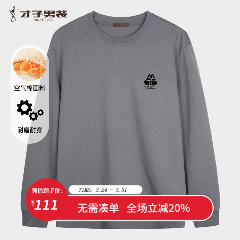 才子（TRIES）男士卫衣基础款重磅空气层圆领T恤刺绣高阶廓形休闲上衣 灰色 XL 50(175/92A)