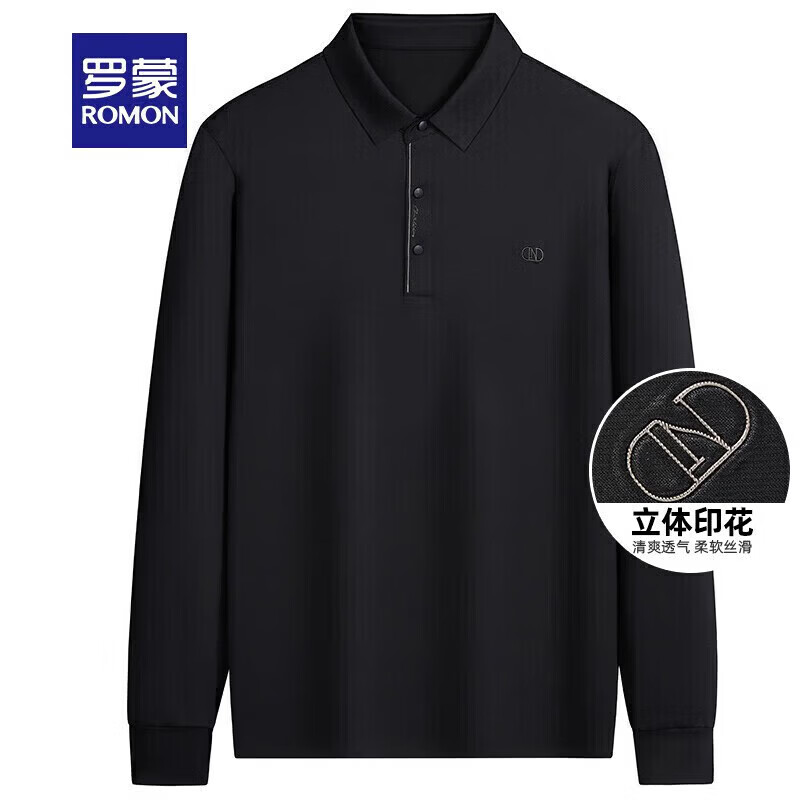 罗蒙（ROMON）长袖t恤男秋季新款中青年时尚男士翻领打底T恤衫 黑色 XL 180【建议体重130-150斤左右】 京东折扣/优惠券