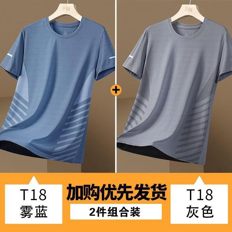 锐图森男士短袖T恤高弹冰丝速干短袖夏季跑步运动薄款透气圆领吸湿排汗 T18【两件装】蓝色+灰色 XL （建议110-125斤） 京东折扣/优惠券