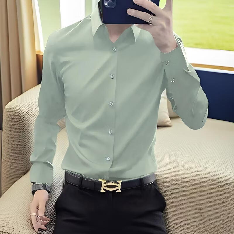 罗鸣老人【轻奢男装】2026新款免烫抗皱弹力商务修身男士长袖衬衫 豆绿色 40 （建议130-145斤）