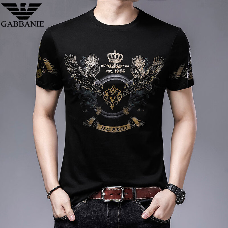 阿玛尼（ARMANI）意大利正品曼专柜新品纯棉短袖T恤男夏季时尚潮流百搭圆领烫金男T 十大奢侈品男装国际一线品牌黑色 M 165_(100-120斤)