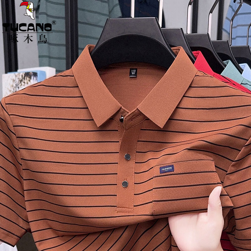 啄木鸟（TUCANO）冰丝短袖t恤男翻领条纹polo衫2026夏季真口袋凉感透气爸爸装半袖 桔色 4XL (190) 建议180-200斤