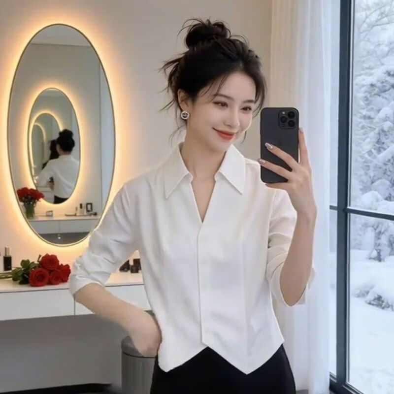 【轻奢定制】时髦百搭POLO领白色衬衫女春季显瘦气质设计感上衣 珍珠白【高定版】 XL 【建议118-136斤】