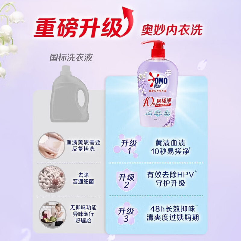 奥妙(OMO)新升级内衣裤专用洗衣液除HPV去血渍黄渍除菌抑味留香官方旗舰店 【超值三瓶装】除菌内衣洗薰衣草300g*3