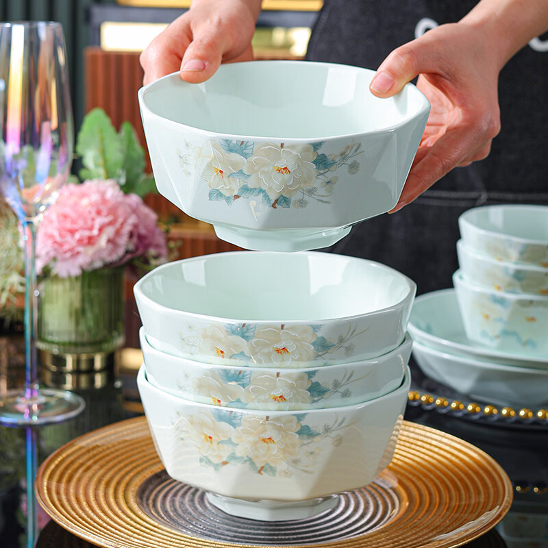 句途影青语茉花开碗家用陶瓷米饭碗菜盘子加厚防烫国潮风餐具 影青语茉花开 2个8英寸大汤碗