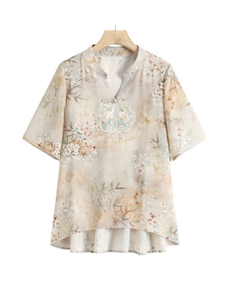 新中式妈妈夏装薄款衬衫新款洋气中老年人女夏季棉麻短袖t恤套装 杏色 XL  （建议105斤以下）