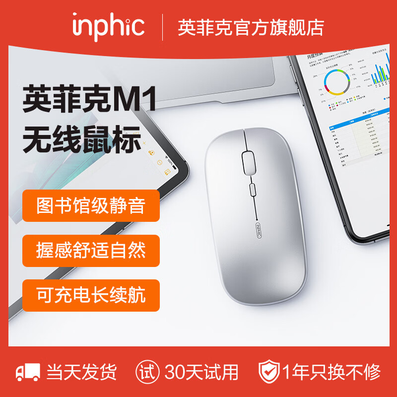英菲克（INPHIC）M1无线鼠标可充电办公蓝牙三模电量显示静音便携适用于惠普华硕苹果IPAD笔记本电脑无限轻音 【无线-2.4G充电版-轻音按键】太空银