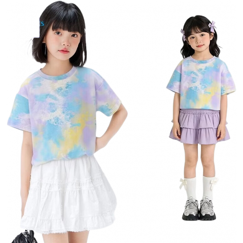 唐狮（TonLion）女童短袖t恤扎染设计童装网红同款小女孩夏季纯棉 紫绿棉 110