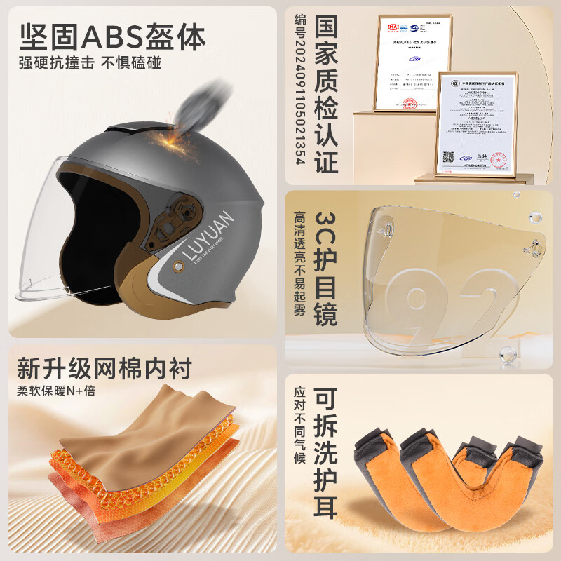 绿源（Luyuan）电动车头盔3/4春季A类防风保暖防雾男女通用3C认证大号码半盔秋冬四季款电瓶车安全帽 烟沙紫【3C防雾护目镜+可开启天窗】