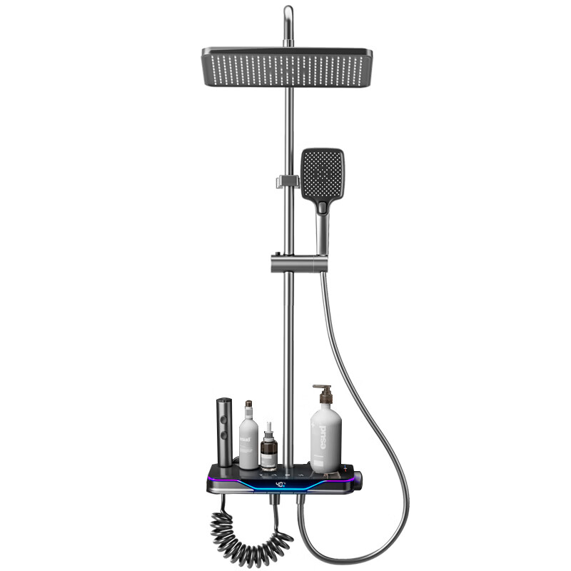 九牧(JOMOO)100%全铜花洒枪灰钢琴按键恒温花洒套装卫生间浴室增压淋浴喷头 雅白旗舰氛围灯恒温