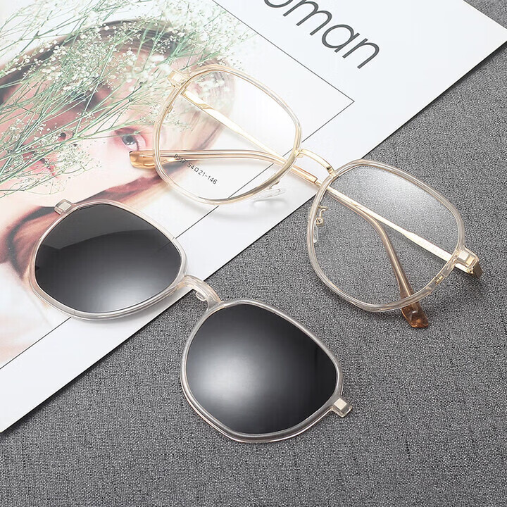 胖东来同款太阳镜偏光镜夹片多边形框女磁吸式偏光防风防晒彩膜 套镜+配1.74镜片(备注度数和颜色