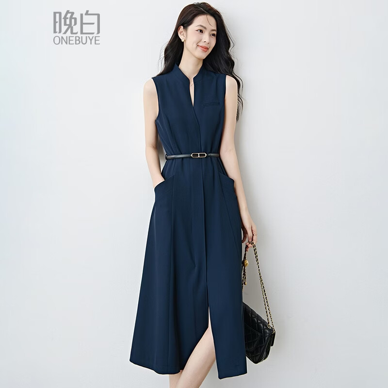 晚白2026年春款气质立领正式场合行政蓝系带收腰垂感无袖连衣裙配腰带 深蓝色 XL