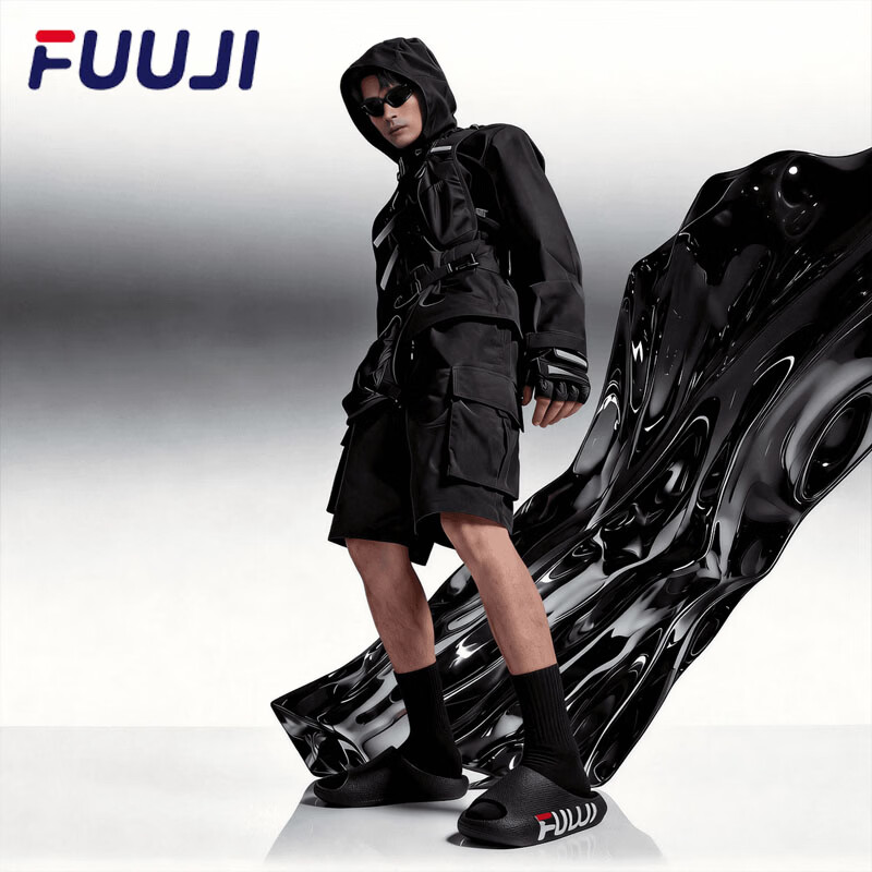 FUUJI科技感3D运动拖鞋男2026新款足弓支撑户外夏季防滑防臭凉拖厚底 白黑 44-45