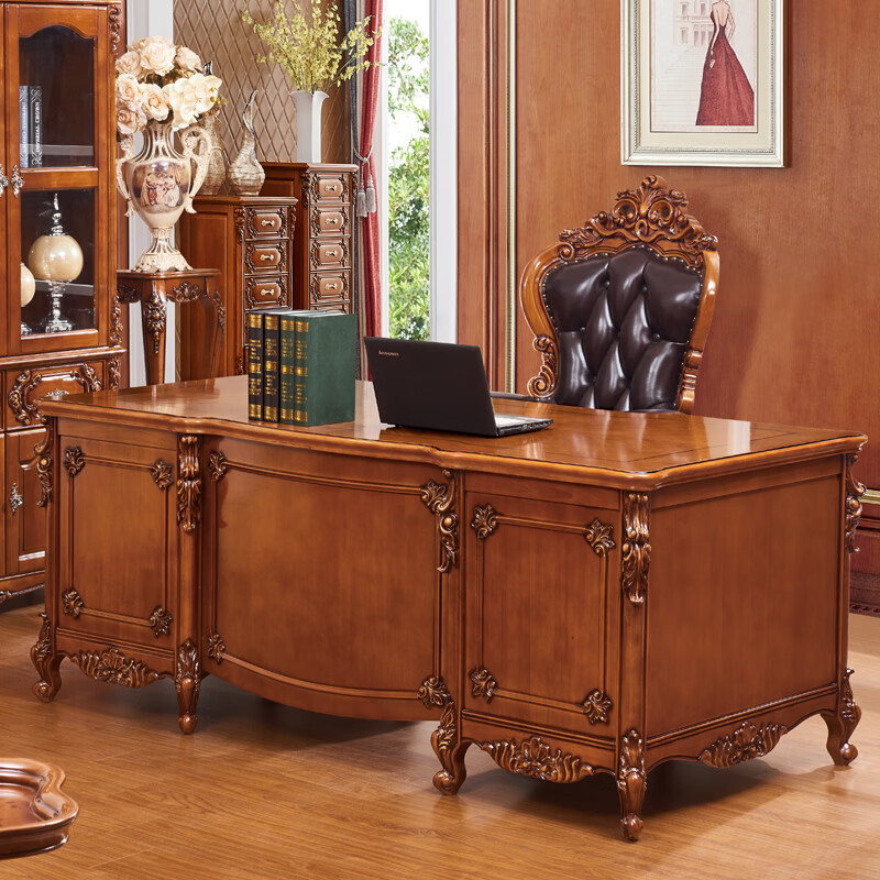 皇家路易斯（ROYALUYIS）美式实木书桌椅组合家用电脑桌复古欧式写字台办公桌学习桌 1.96*1米实木书桌一张